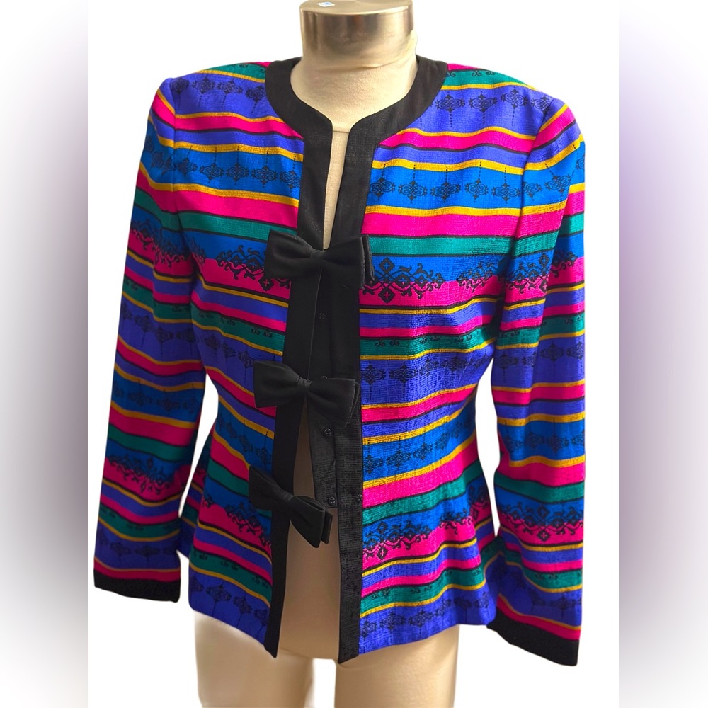 Vintage ADRIANNA PAPELL SILK Jacket Blazer Stripe Bow Silk Multicolored